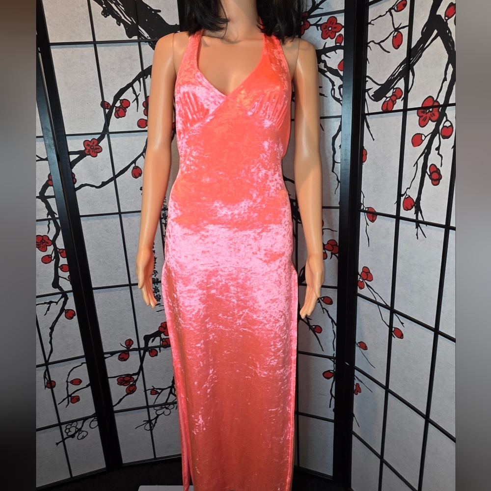 Vintage 90s Velvet Halter Dress — Peach/Pink Backless